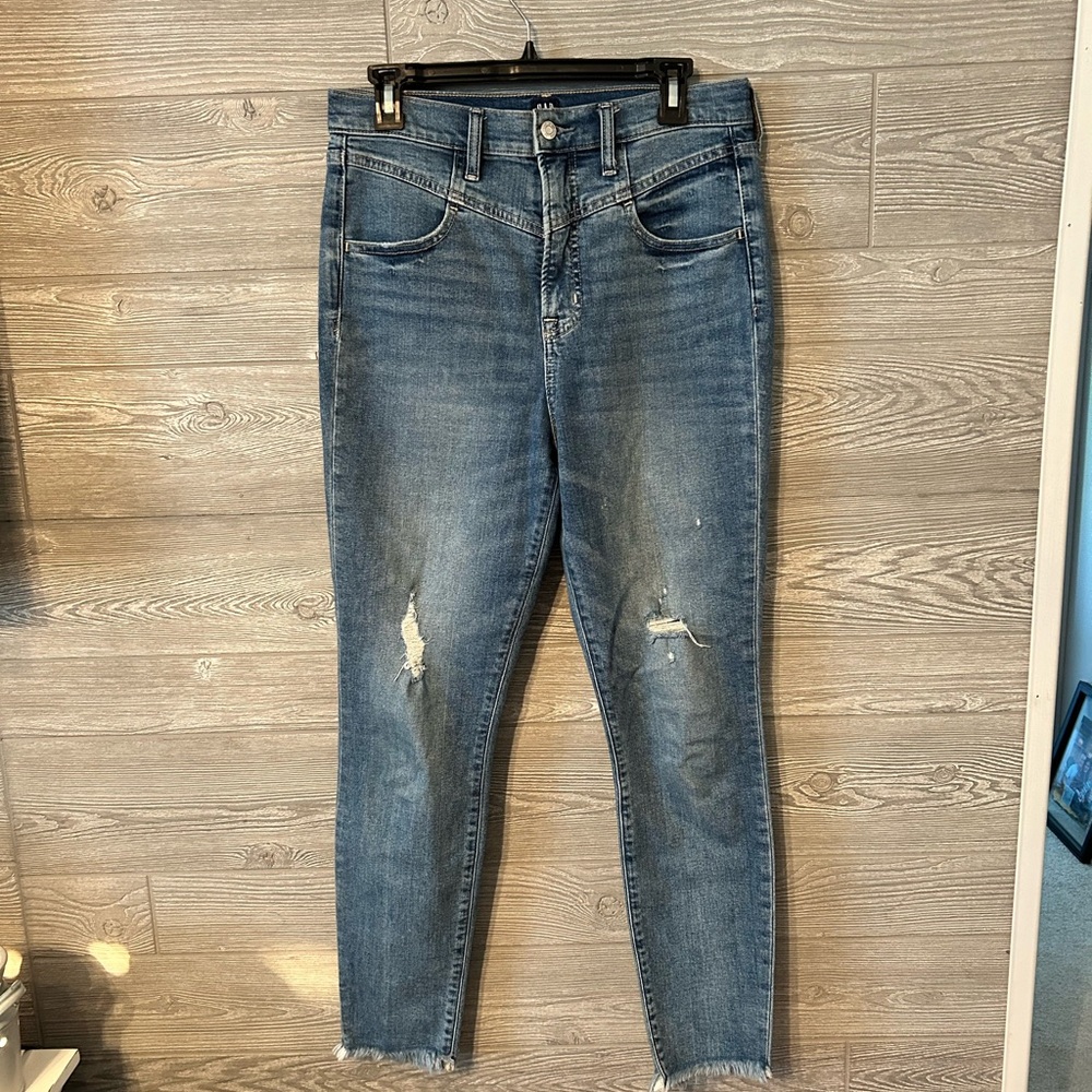 Gap‎ True Skinny High Rise Distressed Western Yoke Jeans Medium Wash 10/30